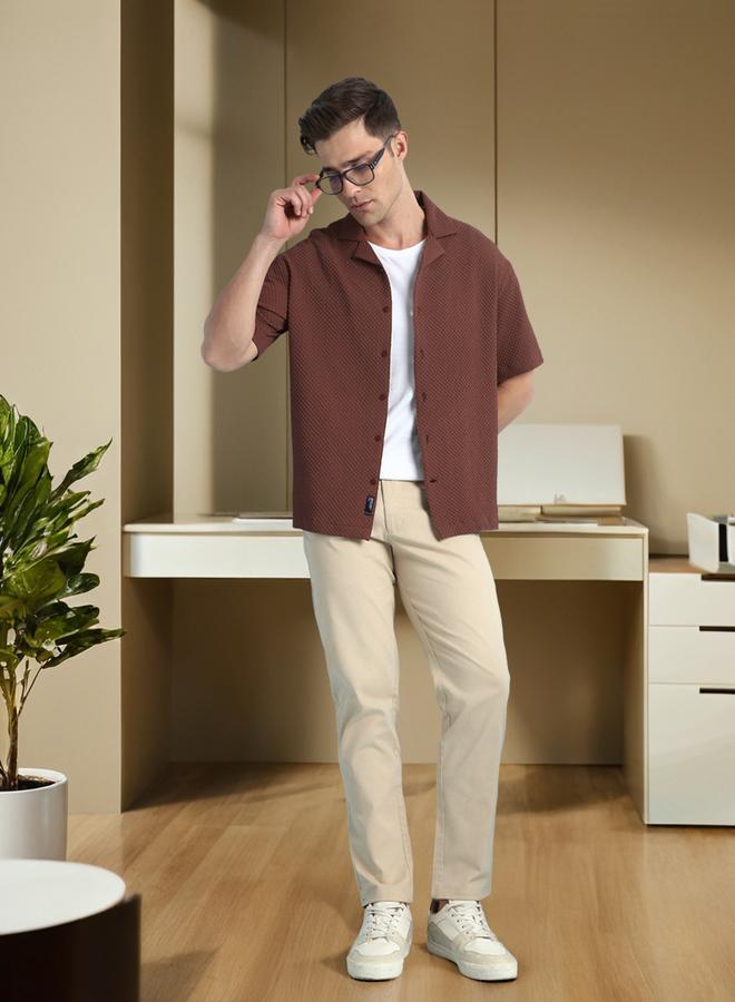Dennis Lingo Relaxed Fit Brown Textured Cuban Collar Half Sleeve Shirt For Men Designed With A Cotton  - Image 1