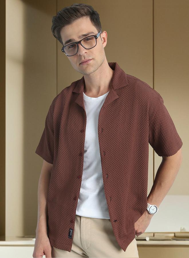 Dennis Lingo Relaxed Fit Brown Textured Cuban Collar Half Sleeve Shirt For Men Designed With A Cotton  - Image 2