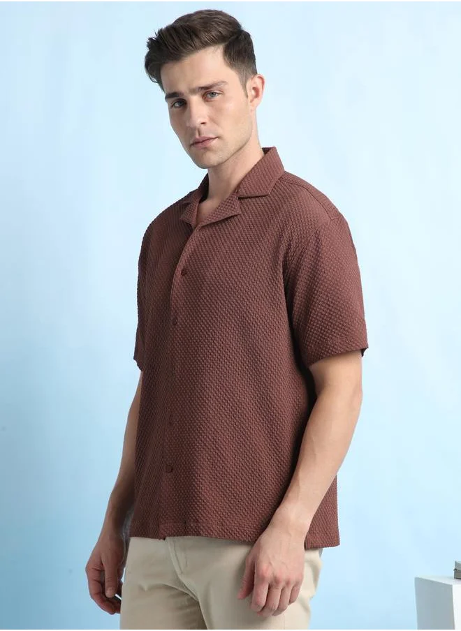 دينيس لينغو Relaxed Fit Brown Textured Cuban Collar Half Sleeve Shirt for Men, designed with a cotton-poly blend for superior comfort and style – a versatile fashion essential for casual and smart dressing.