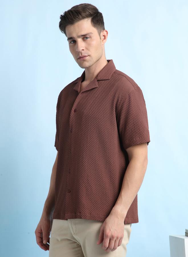 Dennis Lingo Relaxed Fit Brown Textured Cuban Collar Half Sleeve Shirt For Men Designed With A Cotton  - Image 3