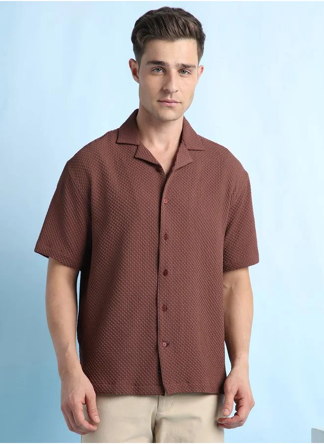 دينيس لينغو Relaxed Fit Brown Textured Cuban Collar Half Sleeve Shirt for Men, designed with a cotton-poly blend for superior comfort and style – a versatile fashion essential for casual and smart dressing.