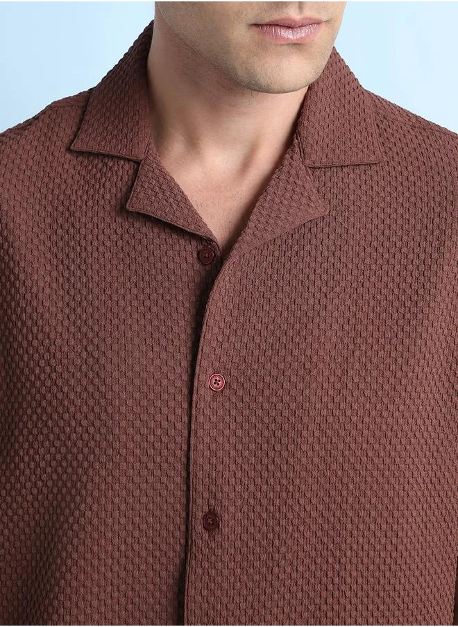 دينيس لينغو Relaxed Fit Brown Textured Cuban Collar Half Sleeve Shirt for Men, designed with a cotton-poly blend for superior comfort and style – a versatile fashion essential for casual and smart dressing.