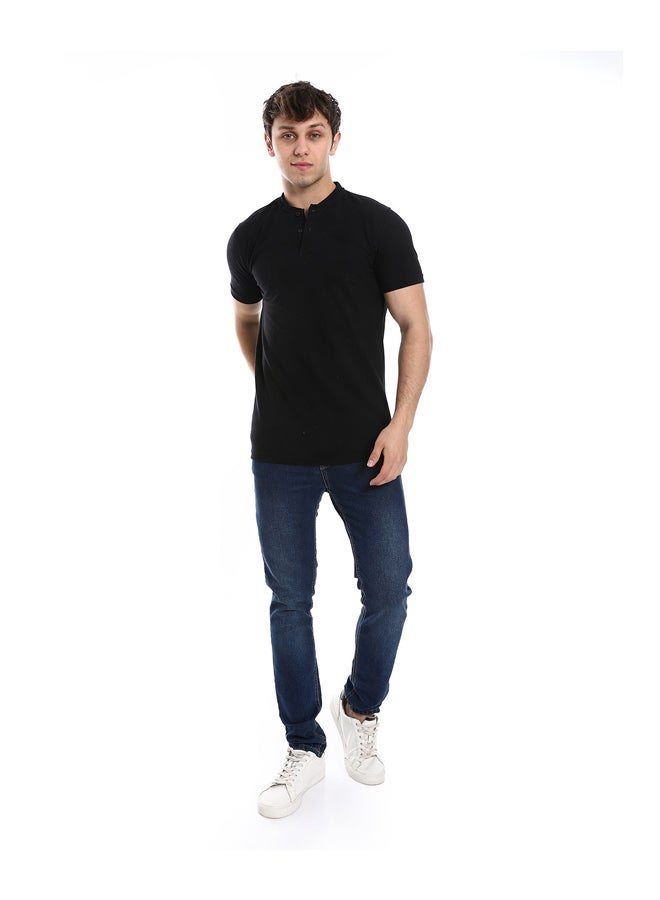 Andora Basic Henely Neck T-Shirt With Neck Collar _ Black - Image 2