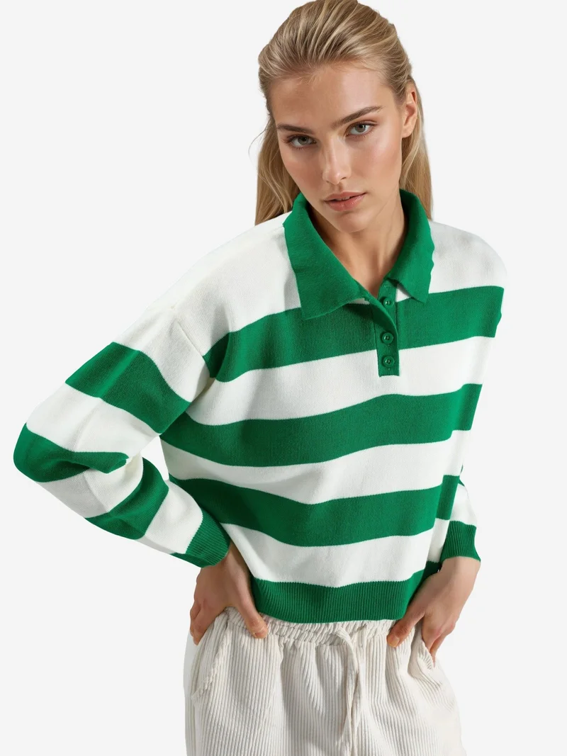 My Fashion Green MY FASHION Striped Knit Polo Collar Sweater for Women | Best Price UAE