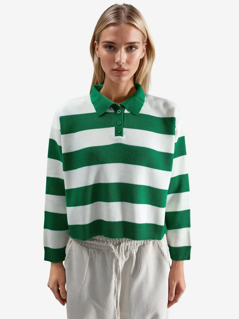 MY FASHION Striped Knit Polo Collar Sweater