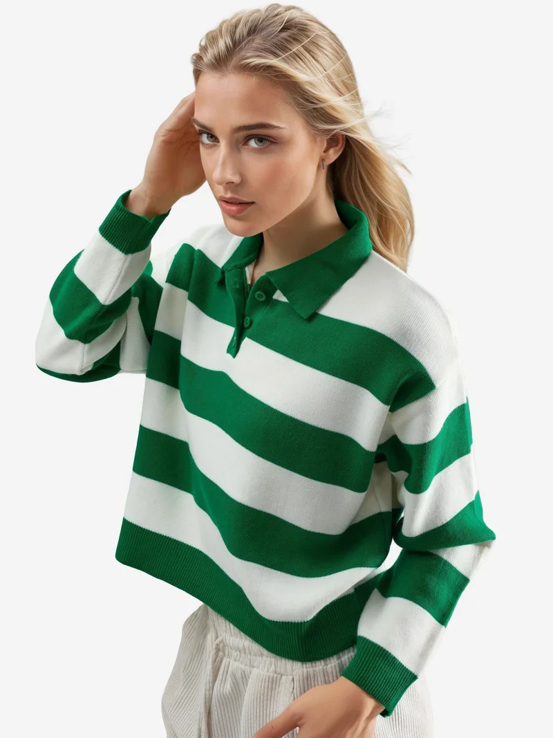 My Fashion Green MY FASHION Striped Knit Polo Collar Sweater for Women | Best Price UAE