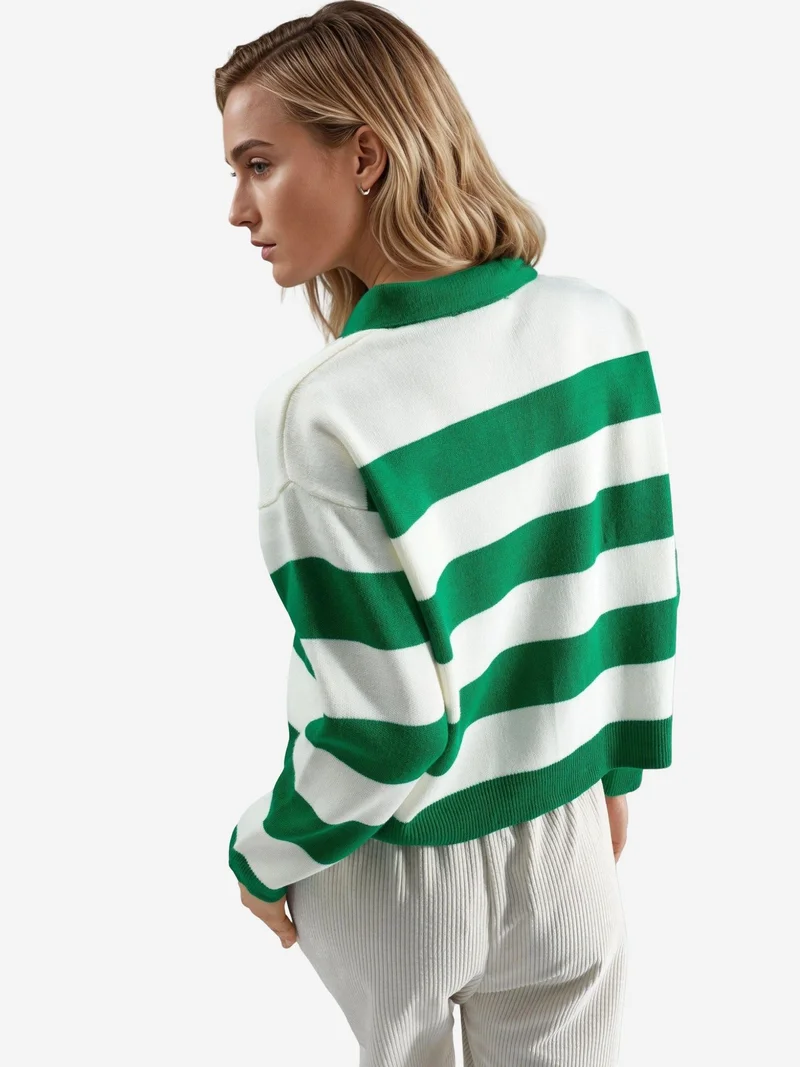 My Fashion Green MY FASHION Striped Knit Polo Collar Sweater for Women | Best Price UAE