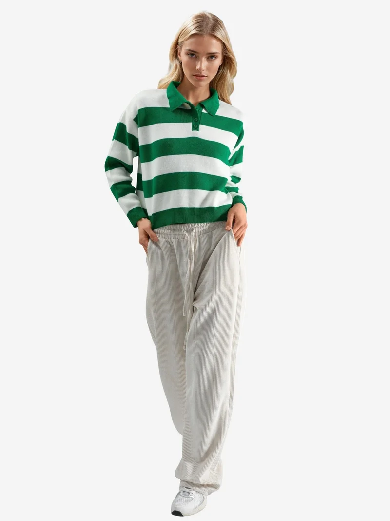 My Fashion Green MY FASHION Striped Knit Polo Collar Sweater for Women | Best Price UAE