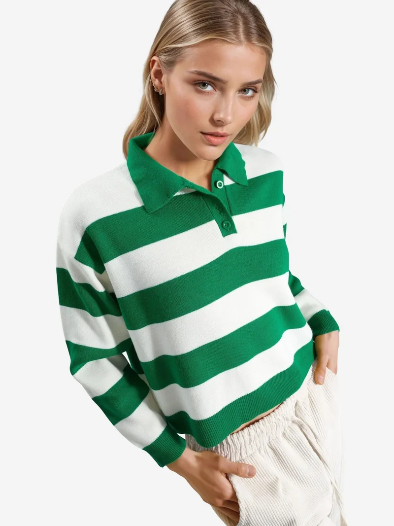 My Fashion Green MY FASHION Striped Knit Polo Collar Sweater for Women | Best Price UAE