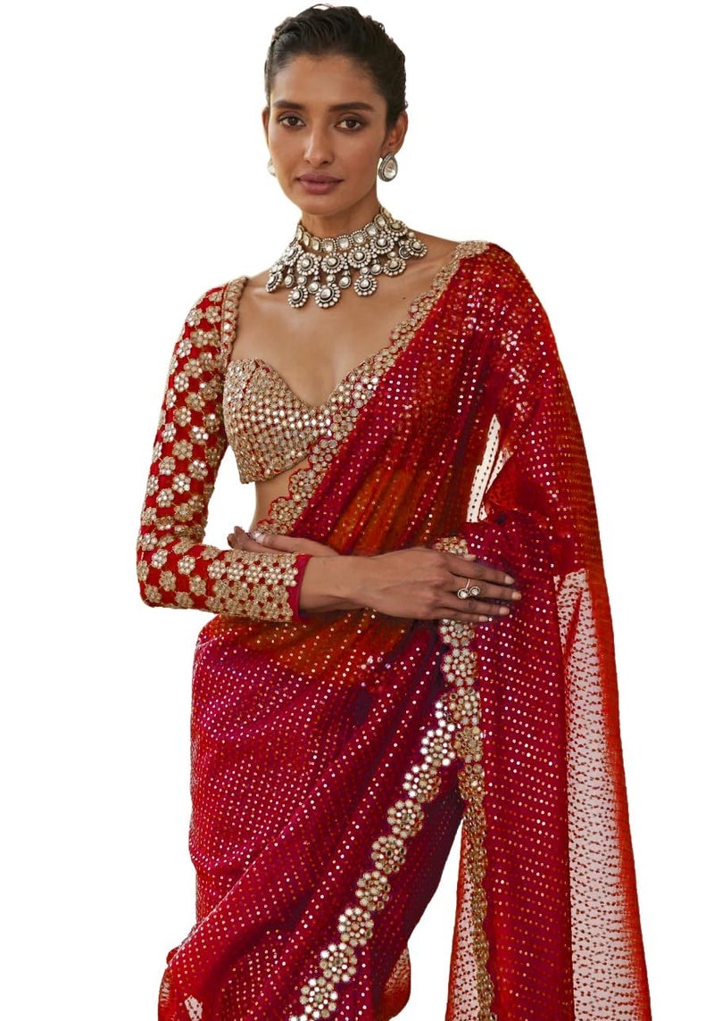 SIRIL Women's Georgette Sequence Embrodery Scollped Border Saree With Unstitched Blouse Piece (4215S387A_Red) - Image 1