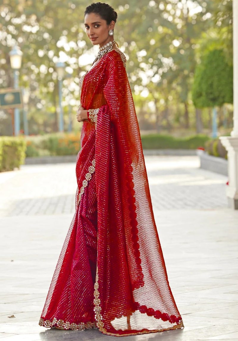 SIRIL Women's Georgette Sequence Embrodery Scollped Border Saree With Unstitched Blouse Piece (4215S387A_Red) - Image 3