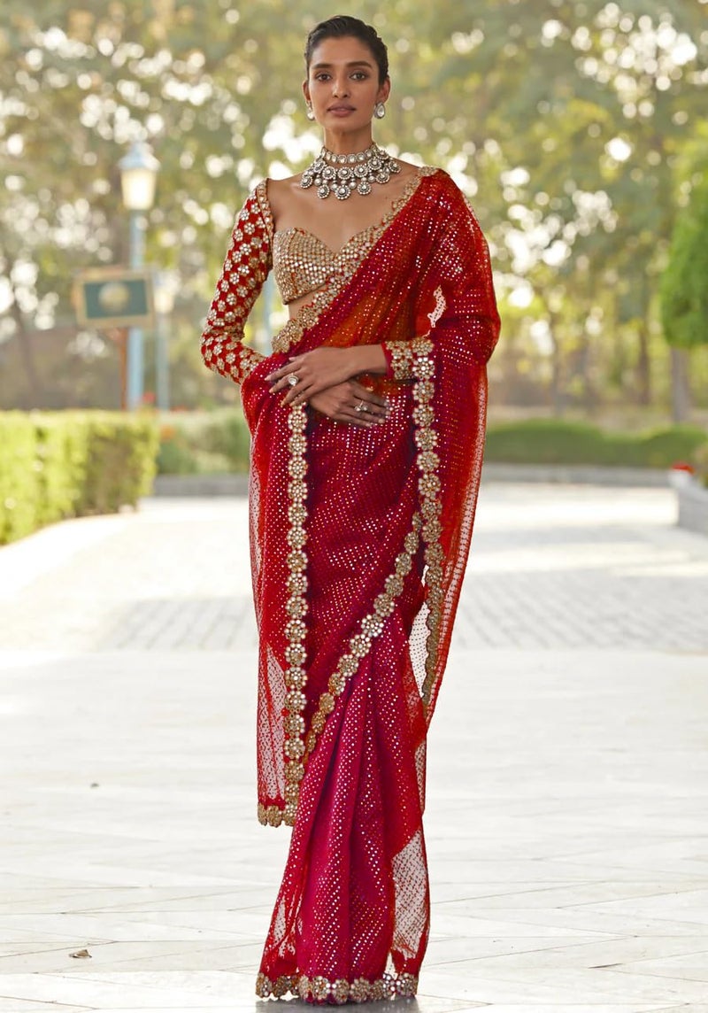 SIRIL Women's Georgette Sequence Embrodery Scollped Border Saree With Unstitched Blouse Piece (4215S387A_Red) - Image 2