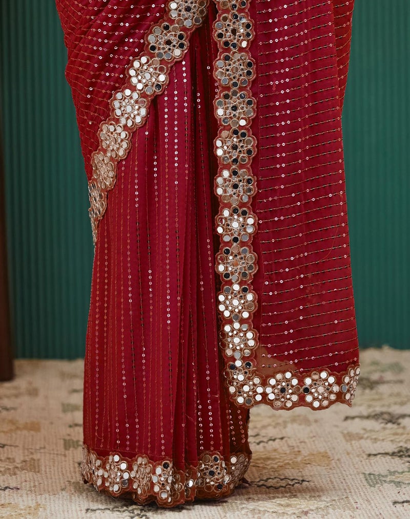 SIRIL Women's Georgette Sequence Embrodery Scollped Border Saree With Unstitched Blouse Piece (4215S387A_Red) - Image 4