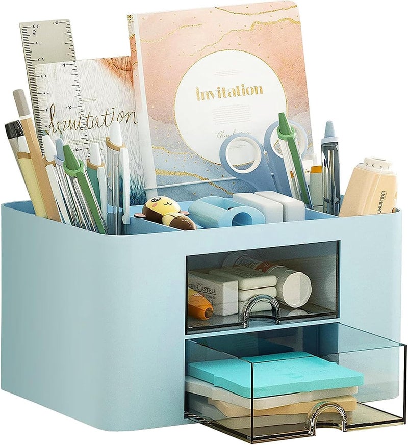 Zeinwap ABS Multi-Functional Desk Organiser With 5 Compartments & 2 Drawer Desktop Office Supplies Stationery Storage Box Cosmetic Organizer For Pens Staplers Clips Sticky Notes (Blue) - Image 1