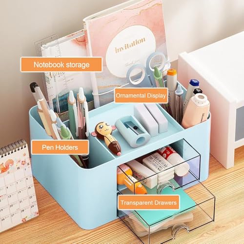 Zeinwap ABS Multi-Functional Desk Organiser With 5 Compartments & 2 Drawer Desktop Office Supplies Stationery Storage Box Cosmetic Organizer For Pens Staplers Clips Sticky Notes (Blue) - Image 3