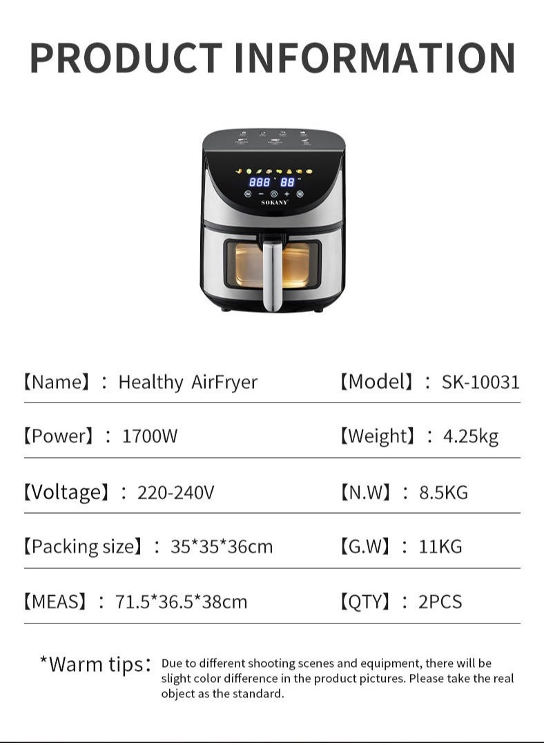 sokany - Air Fryer 8-in-1 Multifunction With 7L Capacity with Clear Window and Internal Light For Frying, Grilling, Broiling, Roasting, and Baking 7L 1700W SK-10031 Black - Image 1
