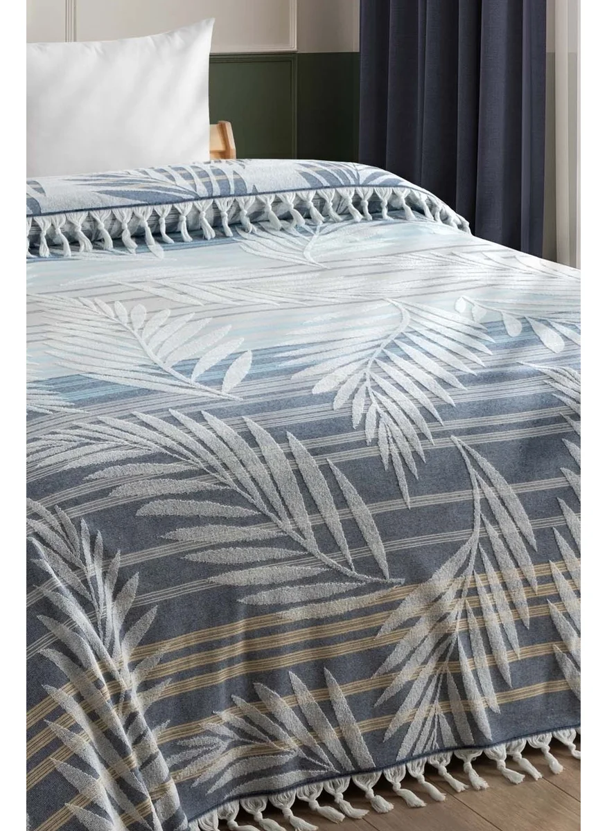 Sevim 100% Cotton Double Tasseled Towel Pique - Fringed Terry & Breathable Bedspread - Mustard Striped Indigo