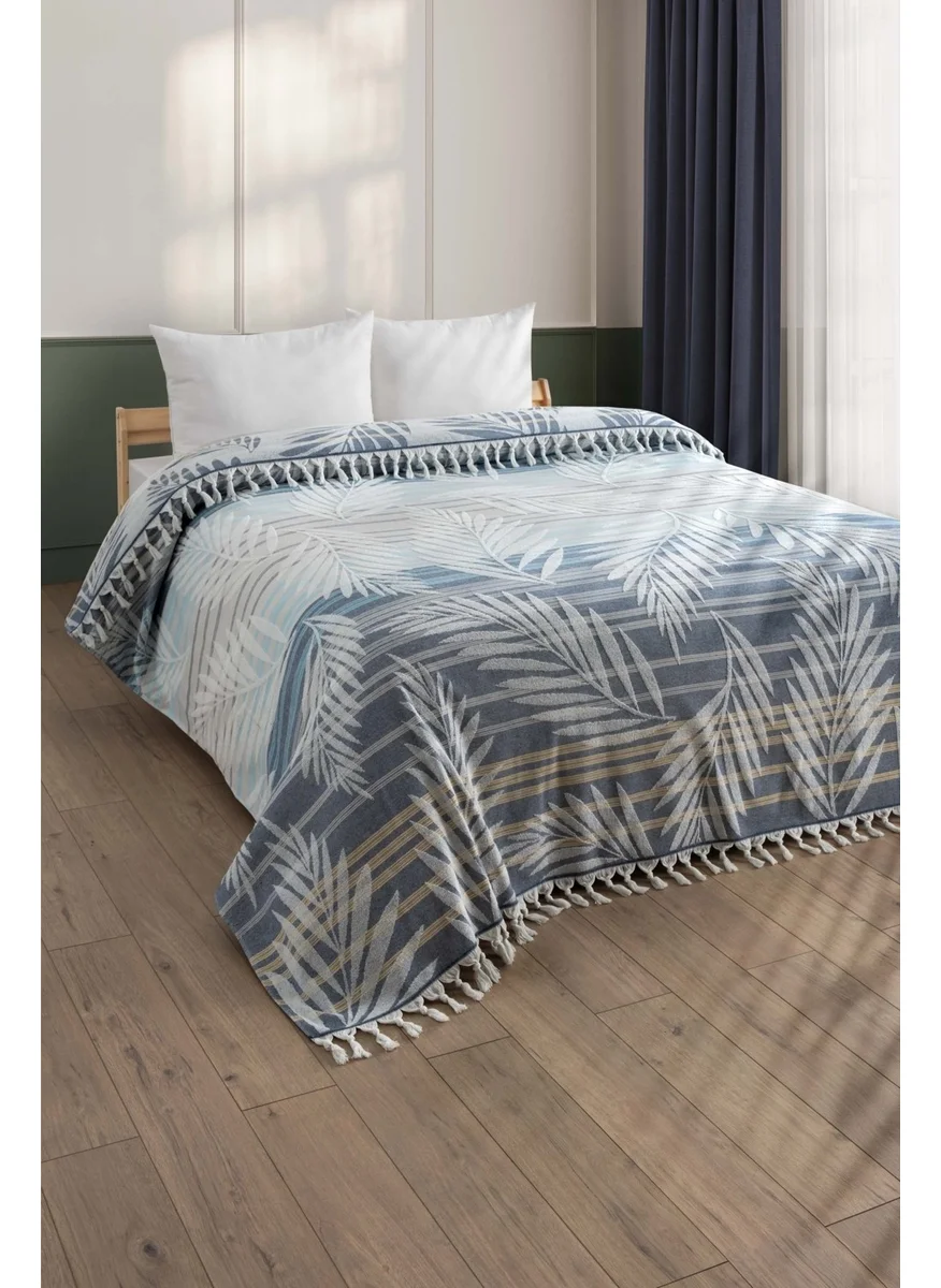 Sevim 100% Cotton Double Tasseled Towel Pique - Fringed Terry & Breathable Bedspread - Mustard Striped Indigo