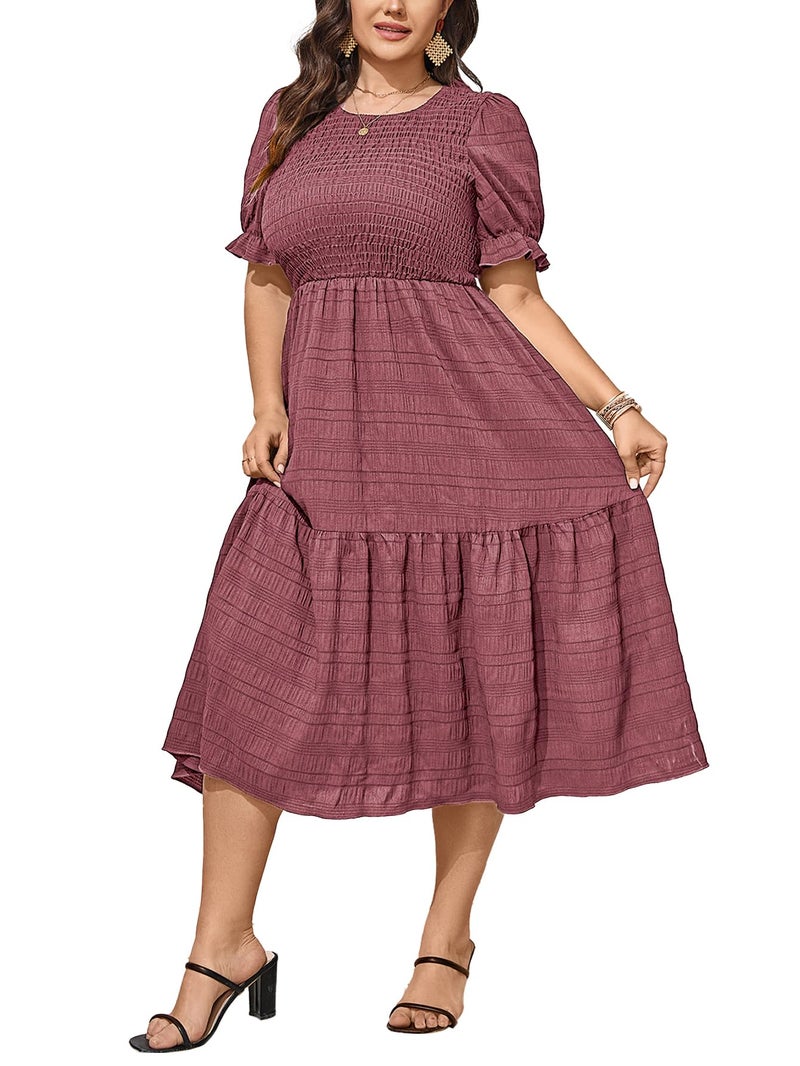 SCOMCHIC Womens Plus Size Summer Dresses 2025 Casual Puff Short Sleeve Crewneck Smocked Flowy Ruffle Boho Party Maxi Dress Rose Pink - Image 1