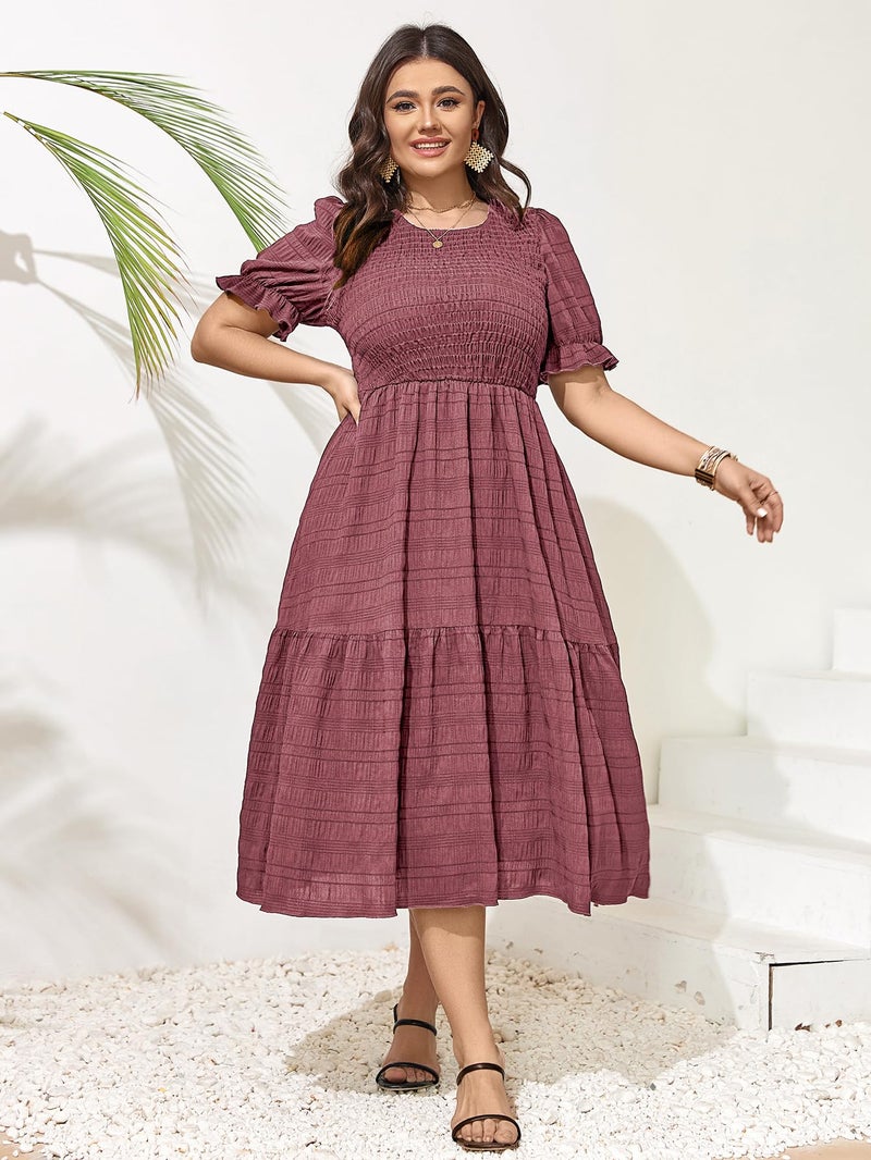SCOMCHIC Womens Plus Size Summer Dresses 2025 Casual Puff Short Sleeve Crewneck Smocked Flowy Ruffle Boho Party Maxi Dress Rose Pink - Image 3