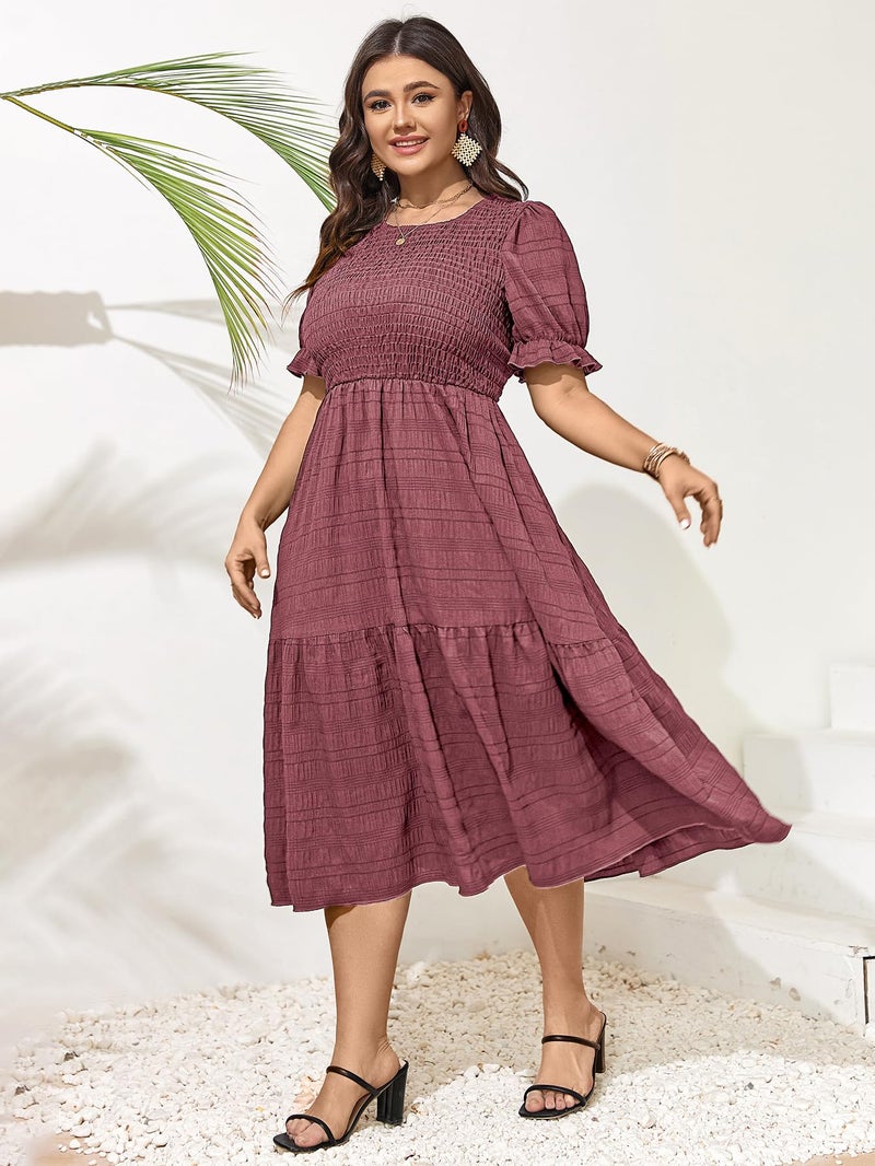 SCOMCHIC Womens Plus Size Summer Dresses 2025 Casual Puff Short Sleeve Crewneck Smocked Flowy Ruffle Boho Party Maxi Dress Rose Pink - Image 4