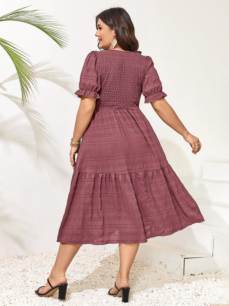 SCOMCHIC Womens Plus Size Summer Dresses 2025 Casual Puff Short Sleeve Crewneck Smocked Flowy Ruffle Boho Party Maxi Dress Rose Pink - Image 5