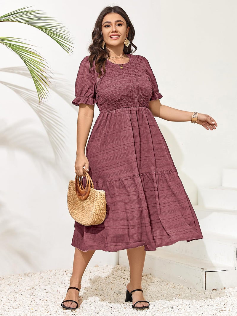 SCOMCHIC Womens Plus Size Summer Dresses 2025 Casual Puff Short Sleeve Crewneck Smocked Flowy Ruffle Boho Party Maxi Dress Rose Pink - Image 2