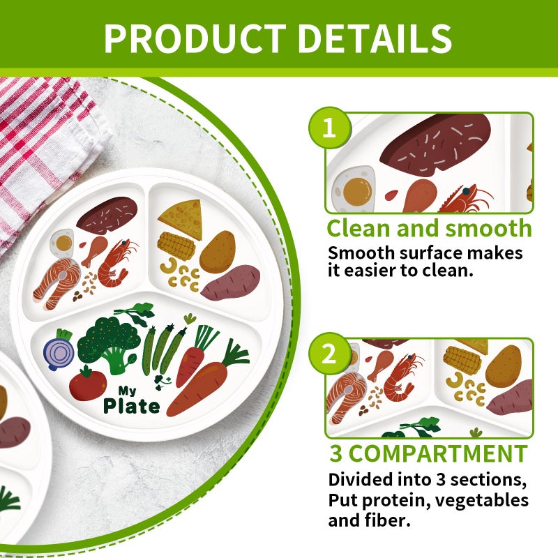 VIYNRAN 10" 3-Grid Cute Cartoon Portion Control Plate - Melamine, Healthy Nutrition for Weight Loss & Diabetes Management, Ideal for Adults & Teens Kids (1 Pack) - Image 3