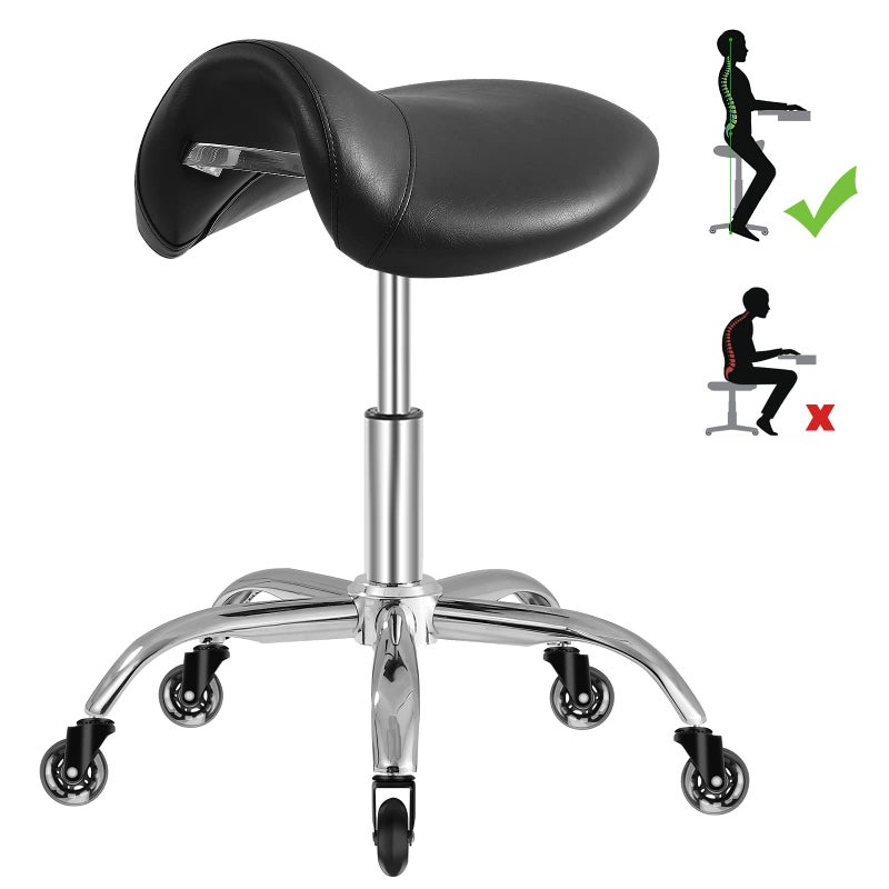SALONFACTORY Saddle Stool with Wheels 300 lbs Weight Capacity, Heavy Duty Rolling Stool for Medical Massage Salon Kitchen Spa Drafting Nail-Tech,Height Adjustable,360 Swivel,Wide Thick Seat Padding - Image 1