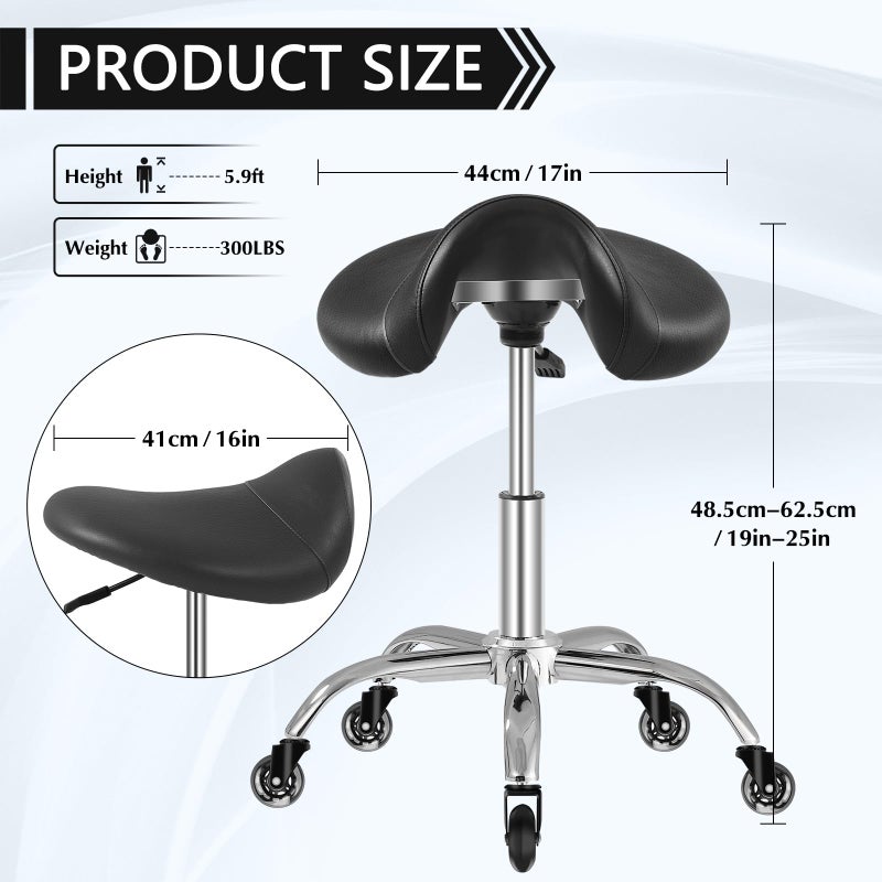 SALONFACTORY Saddle Stool with Wheels 300 lbs Weight Capacity, Heavy Duty Rolling Stool for Medical Massage Salon Kitchen Spa Drafting Nail-Tech,Height Adjustable,360 Swivel,Wide Thick Seat Padding - Image 2