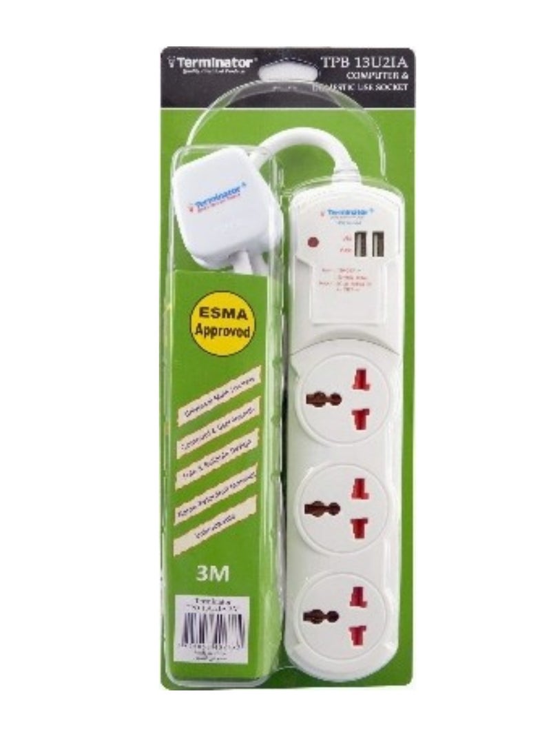 Terminator 3 Way Power Extension Outlet With 2 Usb Socket - Image 3