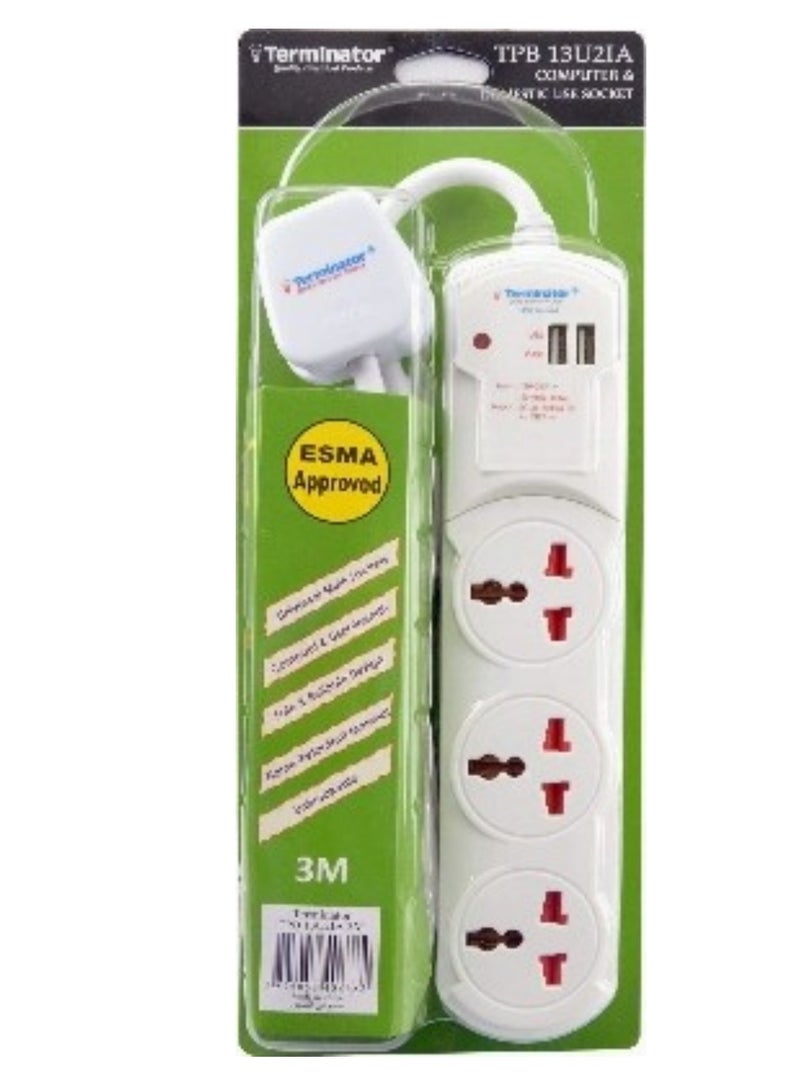 Terminator 3 Way Power Extension Outlet With 2 Usb Socket - Image 1