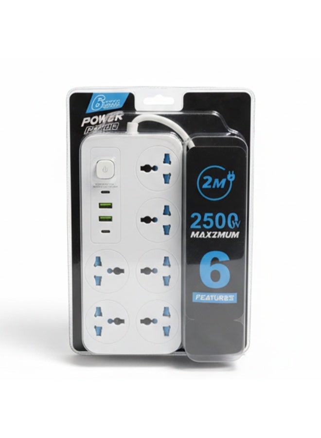 موزع طاقة ذكي، متعدد المنافذ مع حماية من زيادة التيار، 6 منافذ طاقة بقدرة 2500 واط، منفذي USB، ومنفذي Type-C، شحن سريع وآمن، تصميم أبيض أنيق، مثالي للمنزل والمكتب والأجهزة الذكية - Image 1