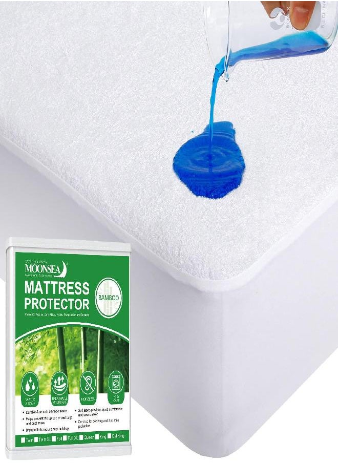 Moonsea Queen Waterproof Mattress Protector, Bamboo Terry Noiseless Mattress Cover Ultra Soft, Fits Up to 18 Inch Mattress 