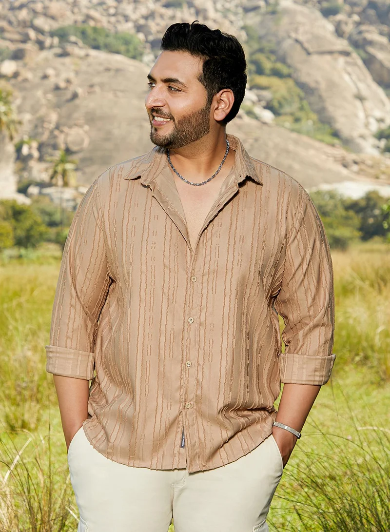 Instafab Plus Instafab Plus Men's Camel Beige Ripple-Edge Shirt For Casual Wear | Spread Collar | Long Cuffed Sleeves | Button Closure | Plus Size Shirt Crafted With Comfort Fit For Everyday Wear