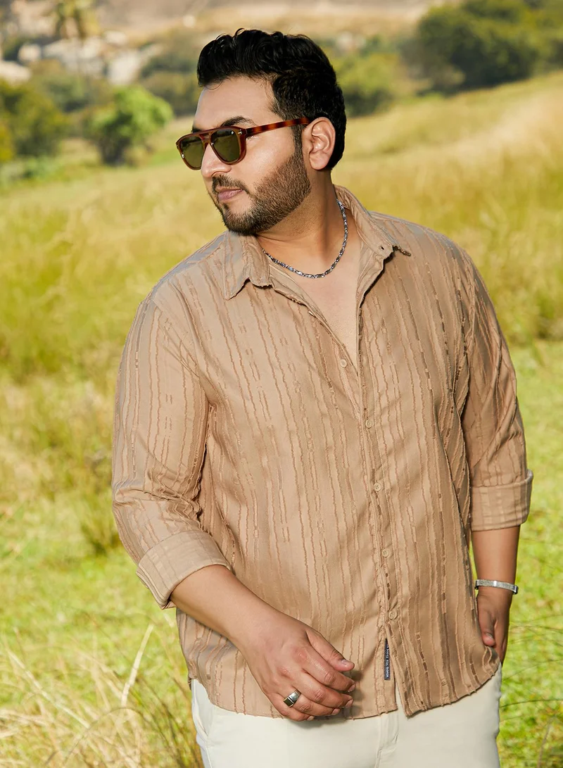 Instafab Plus Instafab Plus Men's Camel Beige Ripple-Edge Shirt For Casual Wear | Spread Collar | Long Cuffed Sleeves | Button Closure | Plus Size Shirt Crafted With Comfort Fit For Everyday Wear