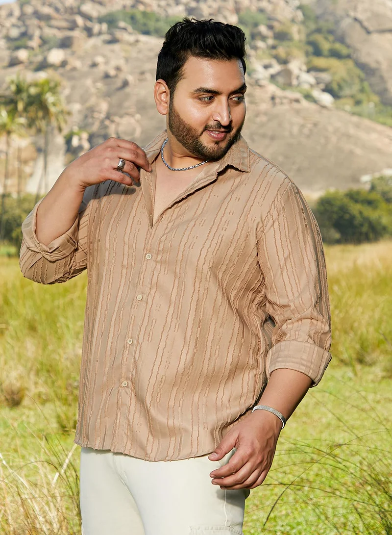 Instafab Plus  Instafab Plus Men's Camel Beige Ripple-Edge Shirt For Casual Wear | Spread Collar | Long Cuffed Sleeves | Button Closure | Plus Size Shirt Crafted With Comfort Fit For Everyday Wear for Men | Best Price UAE