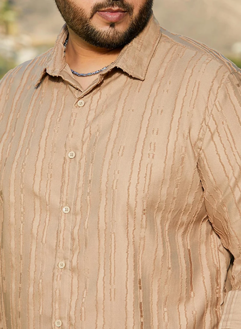 Instafab Plus  Instafab Plus Men's Camel Beige Ripple-Edge Shirt For Casual Wear | Spread Collar | Long Cuffed Sleeves | Button Closure | Plus Size Shirt Crafted With Comfort Fit For Everyday Wear for Men | Best Price UAE