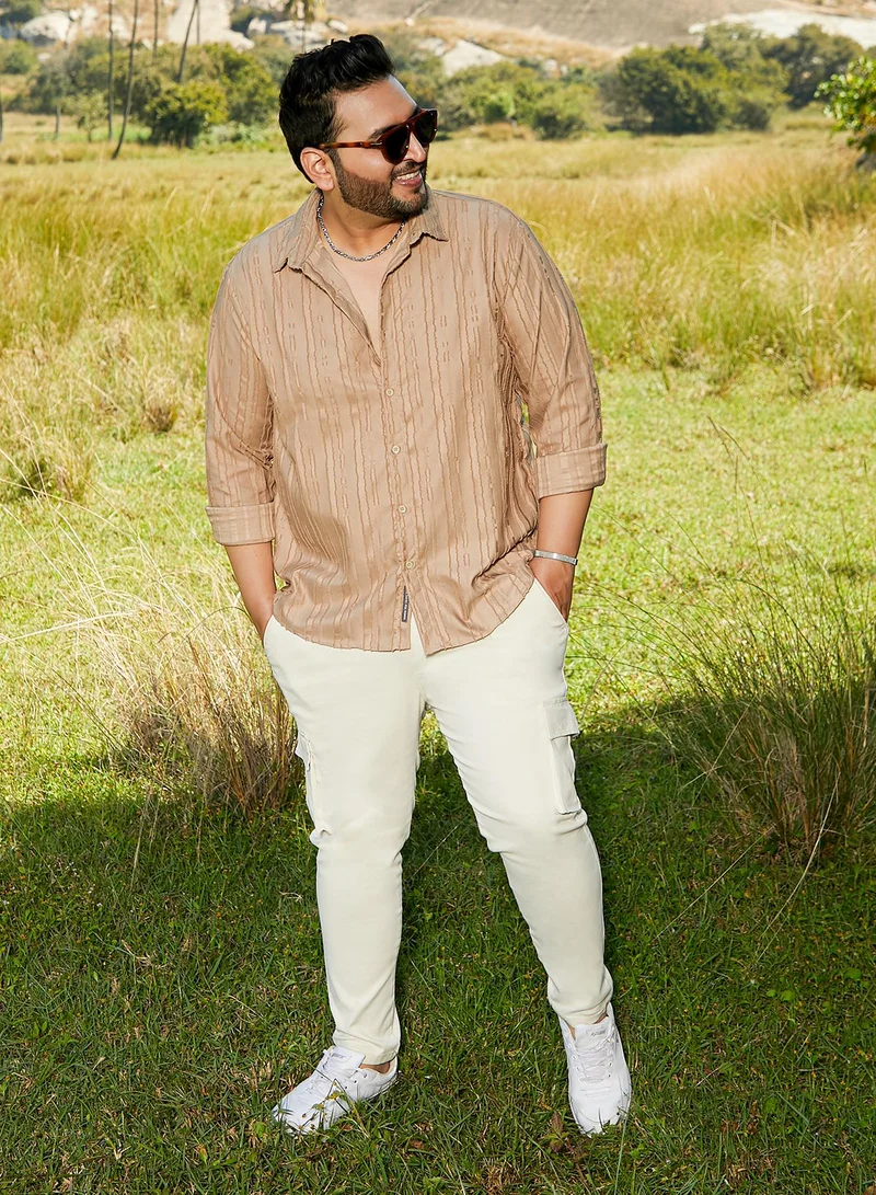 Instafab Plus  Instafab Plus Men's Camel Beige Ripple-Edge Shirt For Casual Wear | Spread Collar | Long Cuffed Sleeves | Button Closure | Plus Size Shirt Crafted With Comfort Fit For Everyday Wear for Men | Best Price UAE