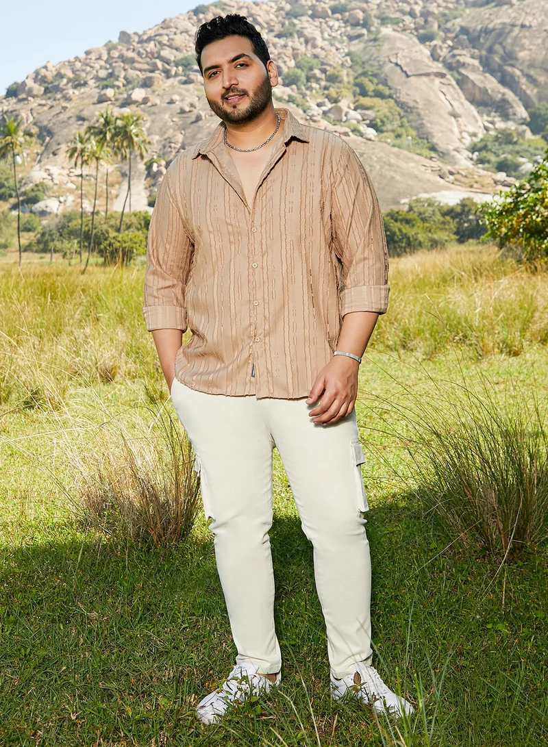 Instafab Plus  Instafab Plus Men's Camel Beige Ripple-Edge Shirt For Casual Wear | Spread Collar | Long Cuffed Sleeves | Button Closure | Plus Size Shirt Crafted With Comfort Fit For Everyday Wear for Men | Best Price UAE
