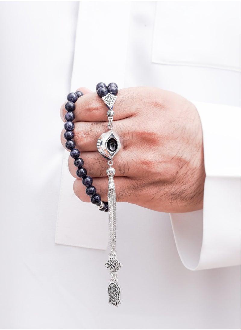 Subhati Prayer Beads ( Misbah ) with metal Parts and Blue Gold Stone | 8 MM Beads - 45 Pcs  - Image 1