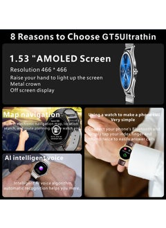 Hommtel GT5 Ultrathin Smartwatch - Silver Dial Edition with Navy Blue Strap, 1.53" AMOLED Display, NFC, AI Voice Assistant, and Multi-Sport Modes  - Image 5