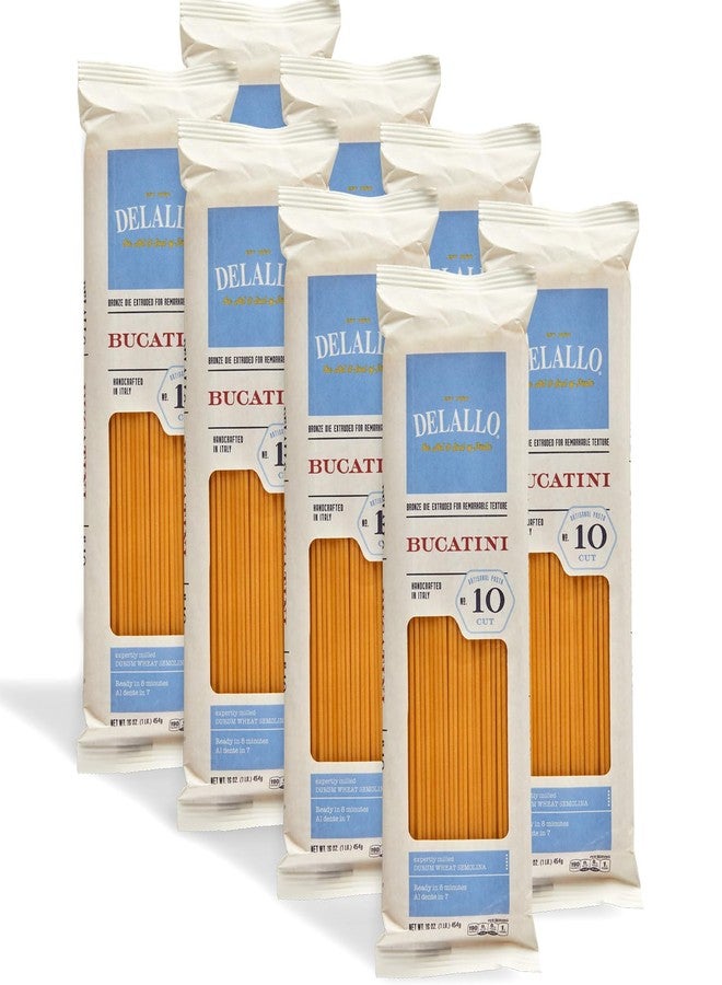 DeLallo Bucatini Pasta, Imported from Italy, Bronze Cut, Made with Only 100% Durum Wheat Semolina Flour, All Natural Long Noodles with Whole Through Center, Non-GMO, Kosher, 1 Pound Bag, (8 Pack) - Image 1