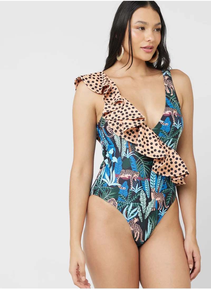 Ginger Ruffle Detail Printed Swimsuit