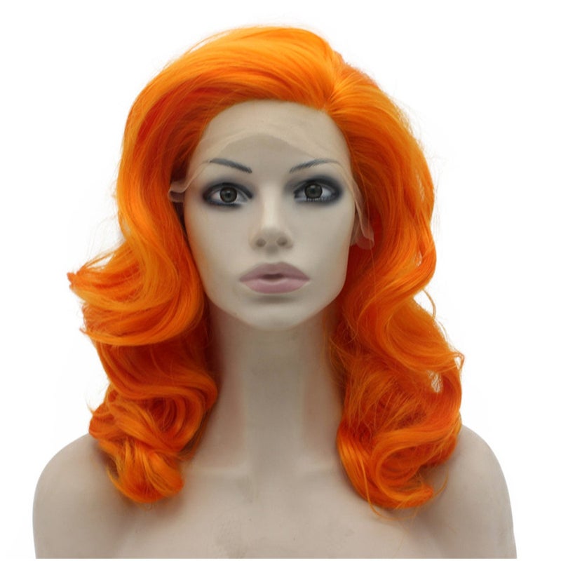 Mxangel Medium Long Wavy Heat Friendly Fiber Stylish Orange Lace front Costume Wig