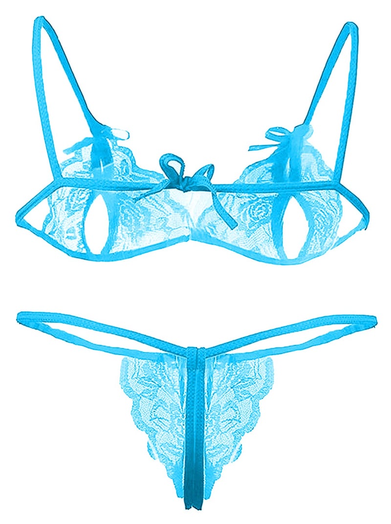 Xs and Os Lace Bra Panty Peek-A-Boo Lingerie Set (Free Size, Cyan) - Image 2