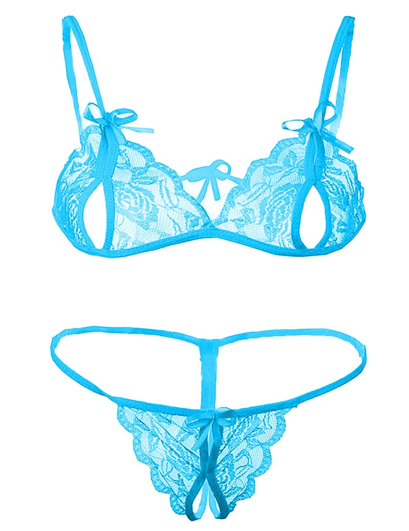 Xs and Os Lace Bra Panty Peek-A-Boo Lingerie Set (Free Size, Cyan) - Image 1