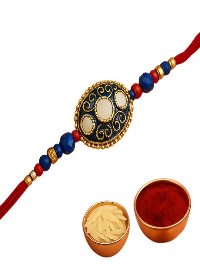 Sage Square Rakhi for Brother, Bhai with Roli Chawal | Raksha Bandhan | Designer Beads, Stones, Decorative Work | Stylish Handcrafted Rakhi Gifting for Sibling Festival Celebration (Type 31) - Image 1