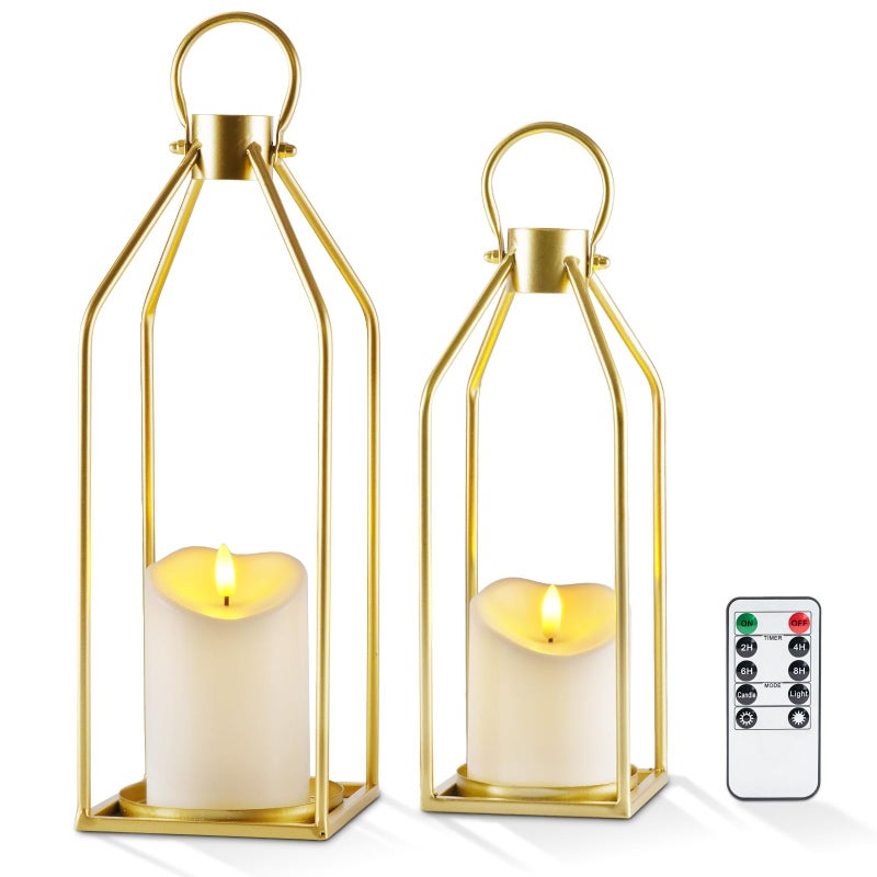 Homemory Modern Farmhouse Lantern Decor with Waterproof Flameless Candle & Remote Timer, 2PCS Gold Metal Candle Lantern Decorative for Outdoor Indoor Home Living Room Patio Porch Table (Gold) - Image 1