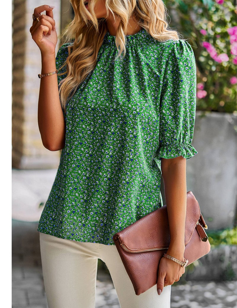 ZILIN Women's Summer Boho Shirt Top Mock Neck Floral Print Ruffle Short Sleeve Casual Loose Blouses Tops Green Spring Tops for Women 2024 S - Image 4